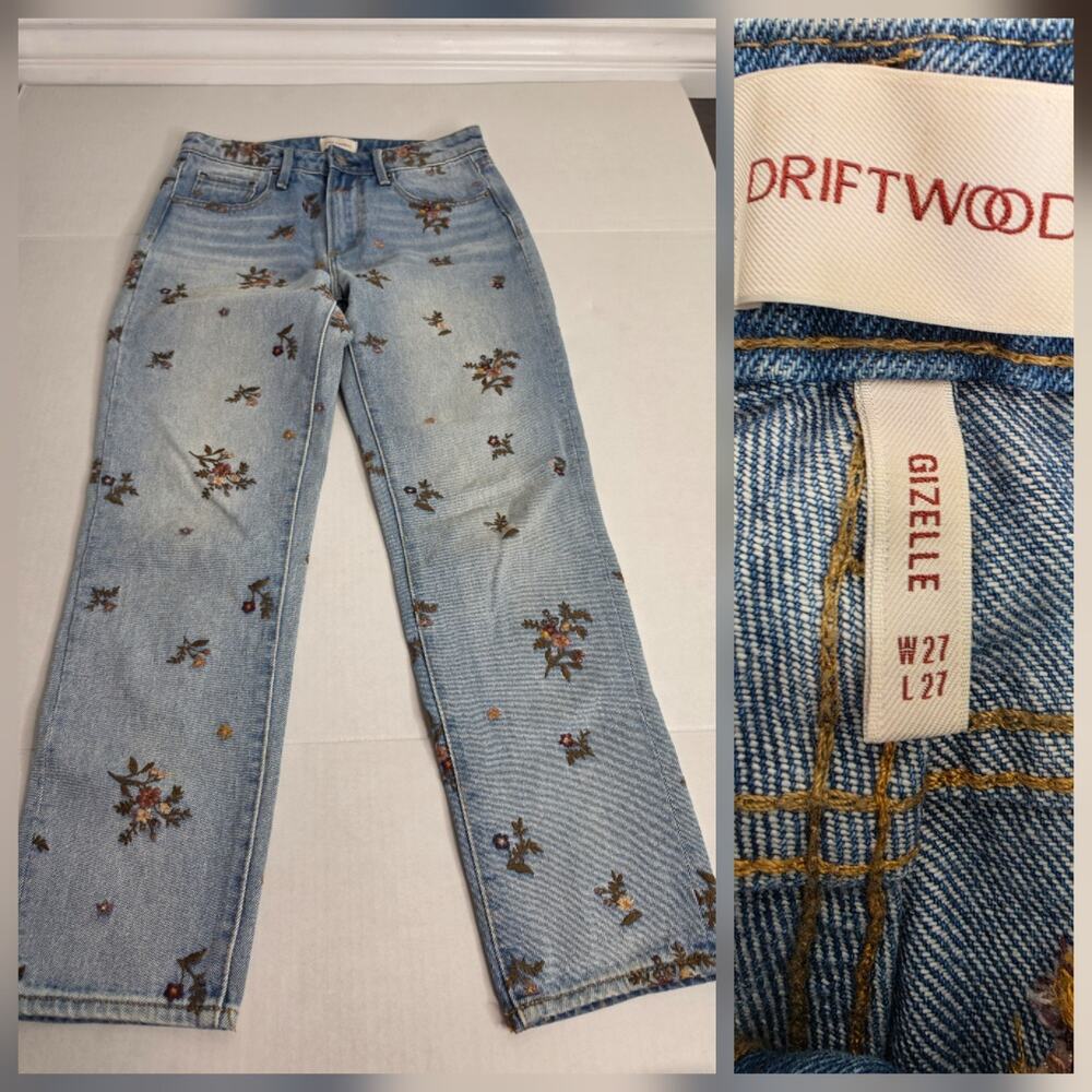 DRIFTWOOD Gizelle Mom Jeans Size 27 Embroidered Floral Denim Rigid Boho